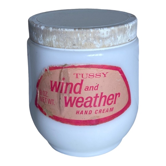 VTG RARE 1960s Cosmetics TUSSY Wind & Weather Hand Cream Milk Glass Jar Prop 8oz - Picture 1 of 16